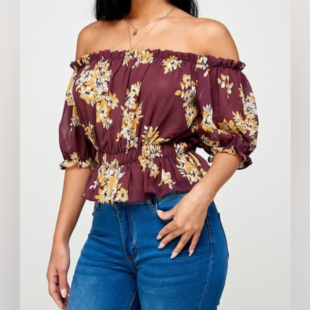 Blush Off-Shoulder Blouse in red and yellow Floral